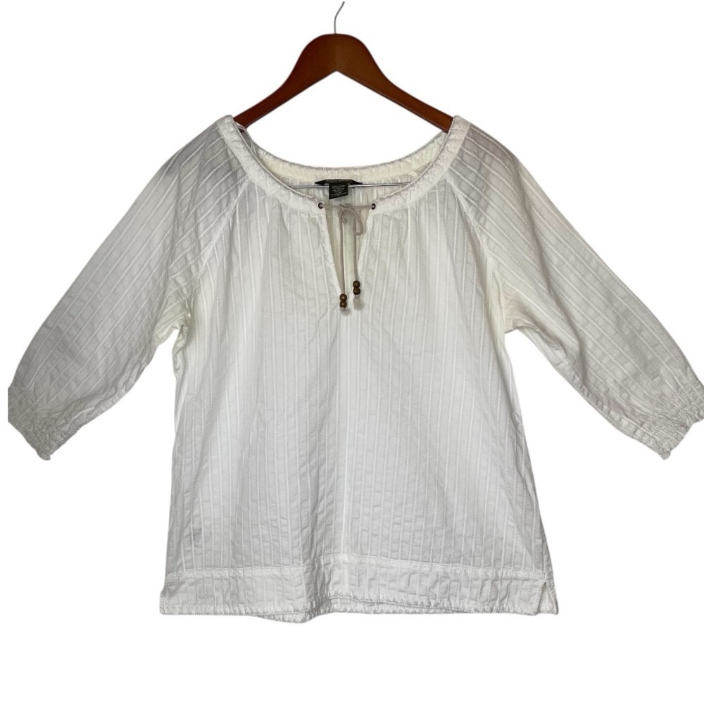 Eddie Bauer White 3/4 Sleeves Key Hole Tie Lightweight Summer Travel Size XLG
